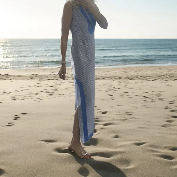 STS SAIL TO SABLE Column Notch Collar Sleeveless Maxi Dress Blue White Striped - Picture 10 of 15